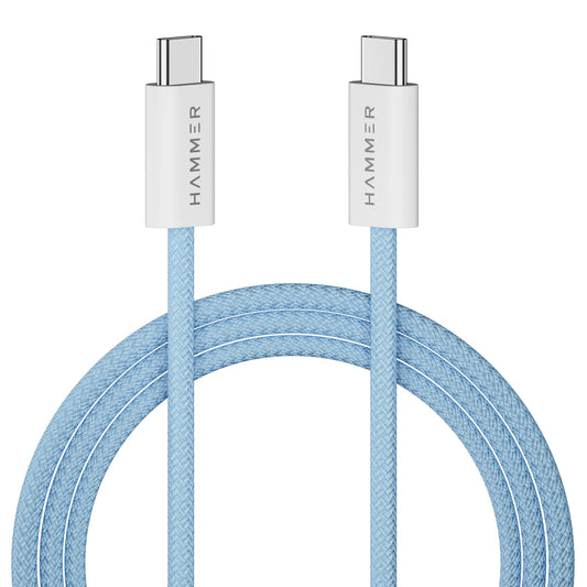 HAMMER Type C to Type C Cable 65W Braided, PD Fast Chraging, Data Sync, 1.5 Meter Tangle Free Wire, Compatible with all C-Type Enabled Devices (Blue)