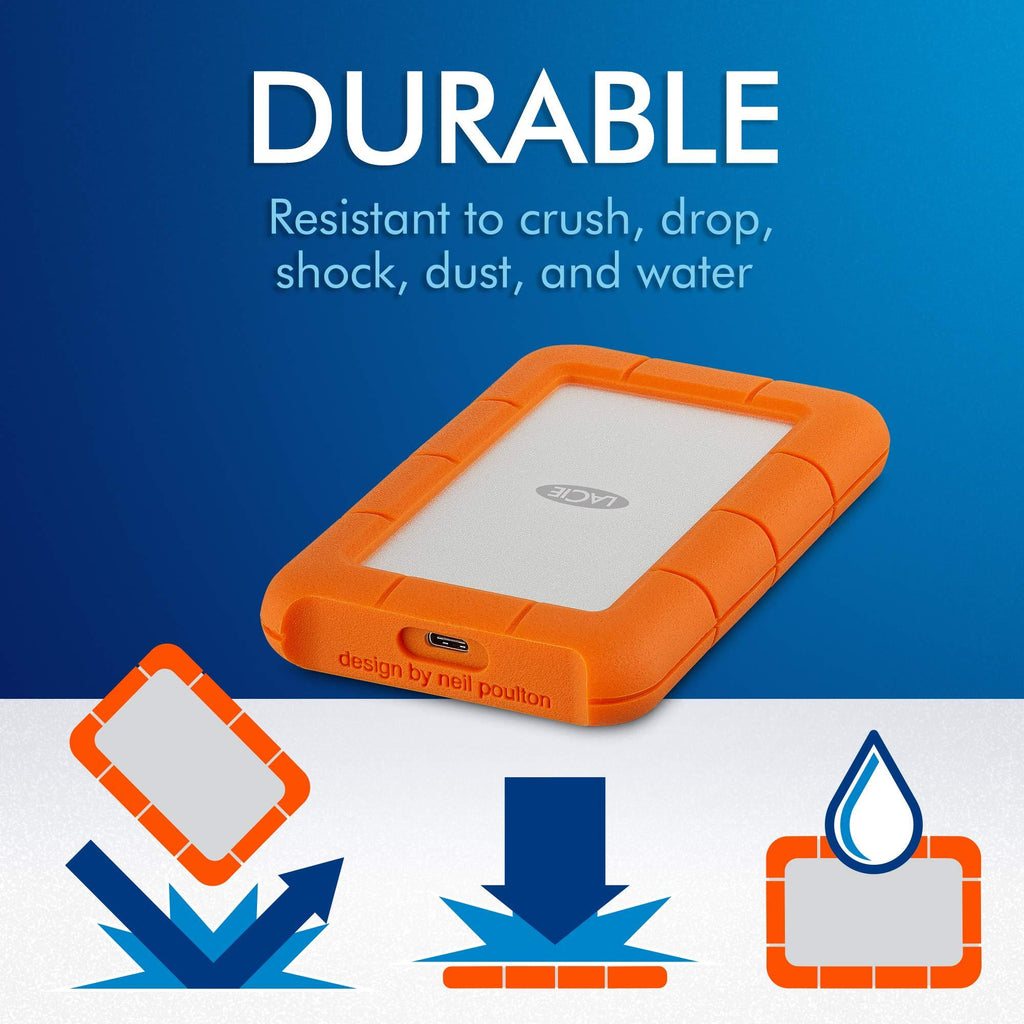 LaCie Rugged USB-C 5TB Portable External Hard Drive USB 3.0, Drop Shock Dust Rain Resistant, for Mac & PC Desktop Laptop, 1 Month Adobe CC and 2-Year Data Recovery Services (STFR5000800)