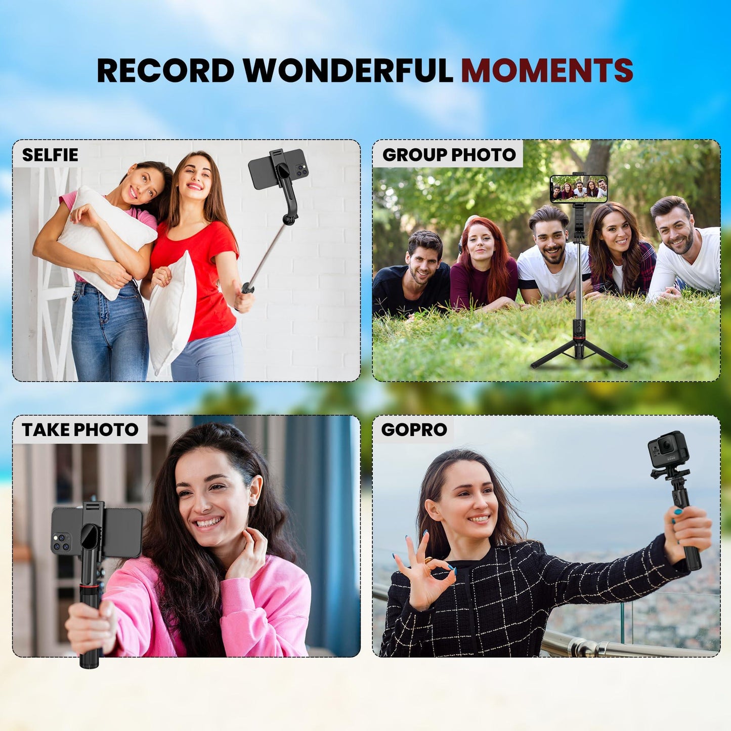 WeCool S6 Reinforced Bluetooth Selfie Stick with Tripod Stand, 45inc/ 130cm Long Selfie Stick with 6-Section Stable Base, Detachable Mobile Holder, Compatible with Mobile/GoPro for Video & Photoshoot