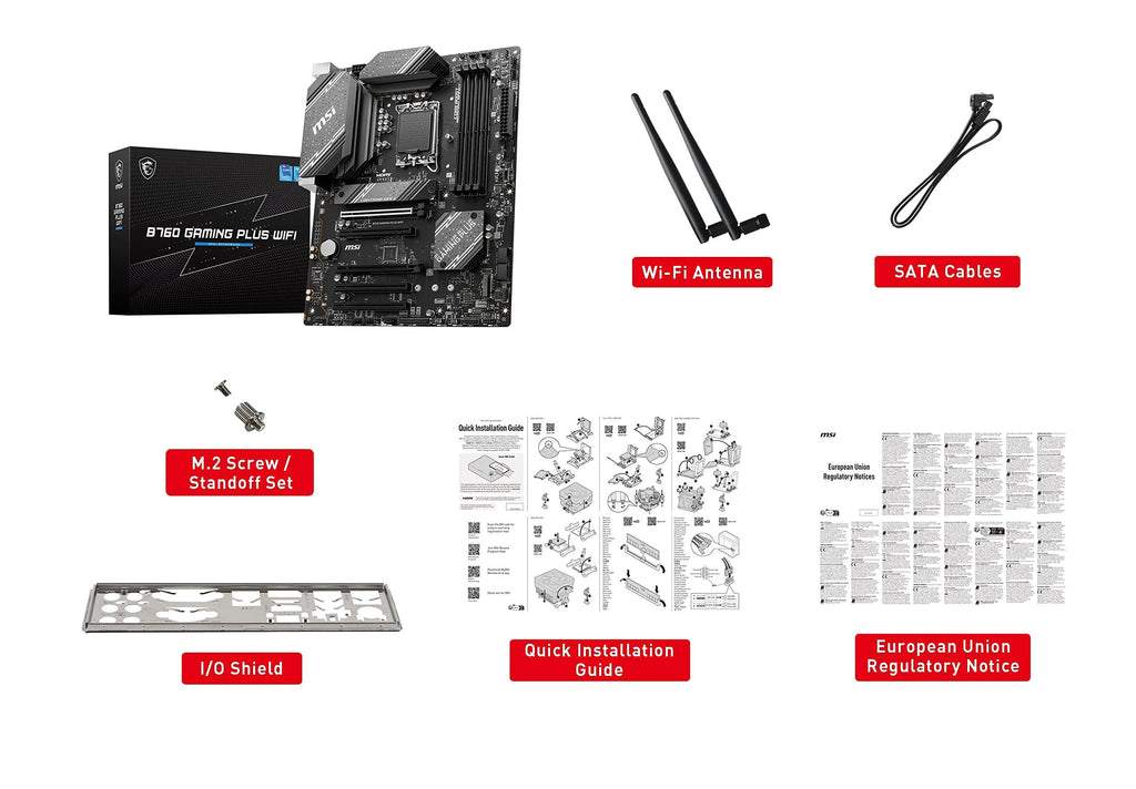 MSI B760 GAMING PLUS WIFI Motherboard, ATX - Supports 14th/13th/12th Gen Intel Core Processors, LGA 1700 - DDR5 Memory Boost 6800+MHz/OC, 2 x PCIe 4.0 x16, 2 x M.2 Gen4, 2.5G LAN, Wi-Fi 6E