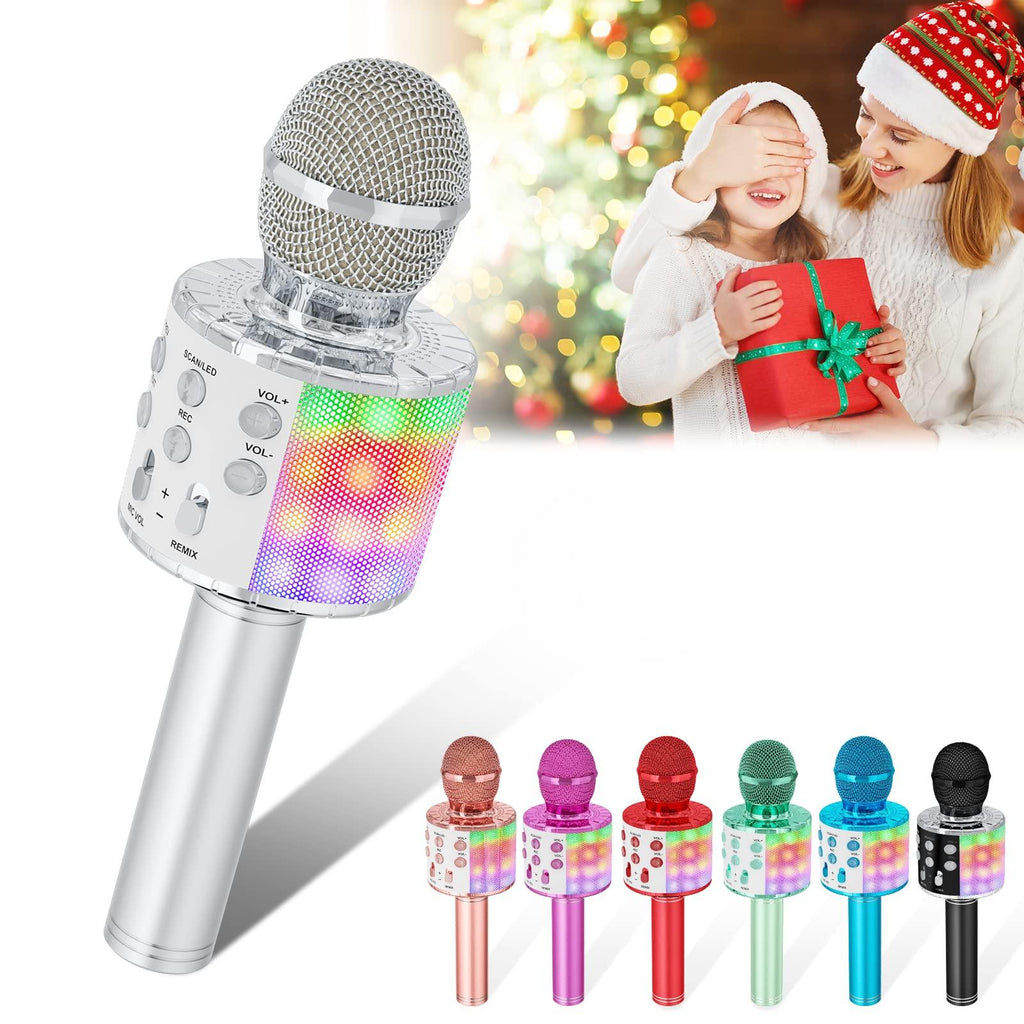 Verkstar Wireless Bluetooth 4 in 1 Karaoke Microphone, Portable Handheld Karaoke Machine Speaker Birthday Home Party Player with Record Function Christmas for Android & iOS All Devices (Silver)