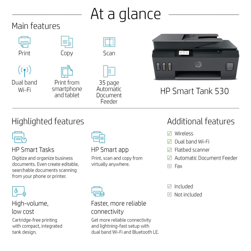 HP Smart Tank 530 All-in-one Wifi Colour Printer with ADF (Upto 18000 Black and 8000 Colour pages included in The box). - Print, Scan & Copy for Office/Home