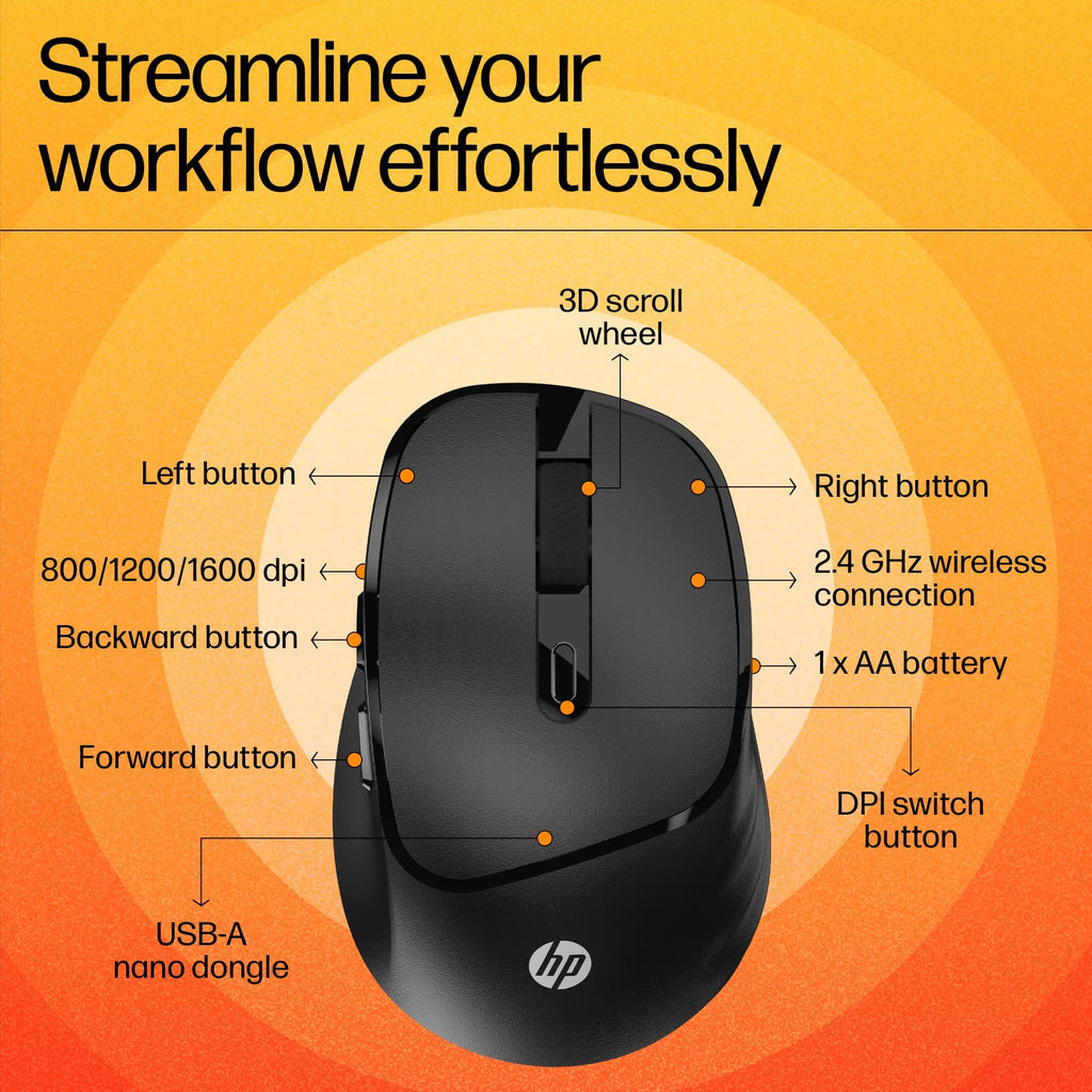 HP M120 Wireless Mouse, USB-A Nano Dongle, 2.4 Ghz Wireless Connection, 6 Buttons, Up to 1600 Dpi, Optical Sensor, Ergonomic Design, 12-Month Battery Life, 3-Year Warranty, 60G±5%, Black, 7J4G4Aa