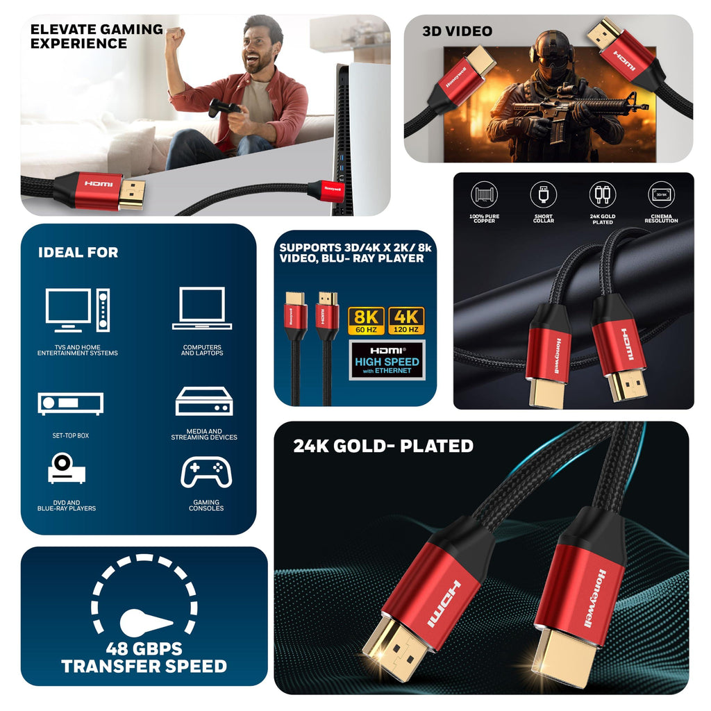 Honeywell HDMI Cable 2.1 with Ethernet, 8k@60Hz, 4k@120Hz UHD Resolution, 2 Mtr(6.6ft), 48 GBPS Transmission Ultra High Speed, Dolby DTS, eARC,3D,Male-to-Male,Compatible with all HDMI-Enabled Devices