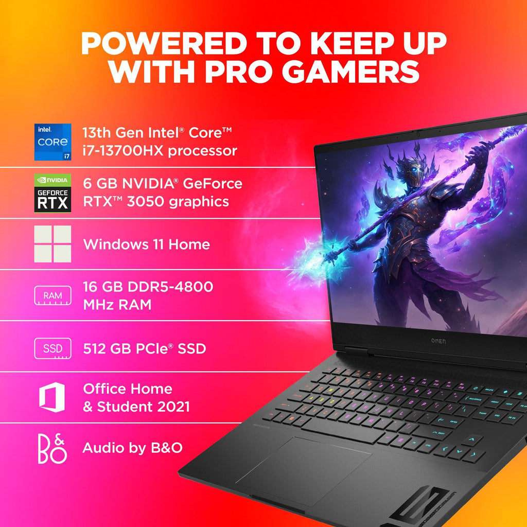 HP OMEN Gaming Laptop, Intel Core i7-13700HX, 6GB RTX 3050 GPU, 16.1-inch (40.9 cm), 95W TGP, FHD, IPS, 165Hz, 300 nits, 16GB DDR5, 512GB SSD, RGB Backlit KB, B&O (MSO, Black, 2.32 kg), wf0179TX