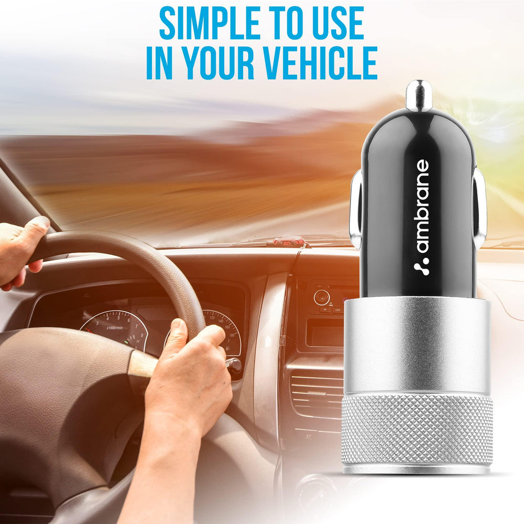 Ambrane 12W Fast Car Charger, Dual USB Output, Multi-Layer Protection, Fast Charging, Compatible with all Cars, without cable for all Mobiles & other USB enabled devices (ACC74, Black & Silver)