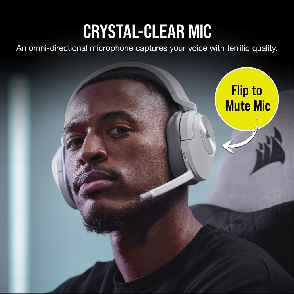 Corsair HS55 WIRELESS Gaming Headset, White. Low-Latency 2.4Ghz Wireless or Bluetooth, Dolby ® Audio 7.1 Surround Sound, Omni-Directional Microphone with Flip-to-Mute Function