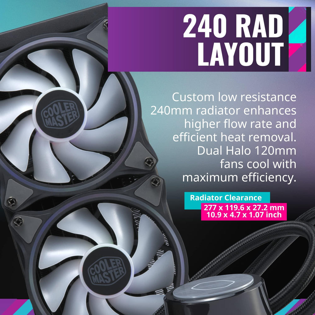 Cooler Master ML240 Illusion CPU Liquid Cooler - Black | Support Intel & AMD CPU Socket AM5, AM4, AM3, LGA1700, 1200, 2066, 1151 | 3rd Gen Dual Chamber Pump | 240mm AIO | ARGB Controller Included