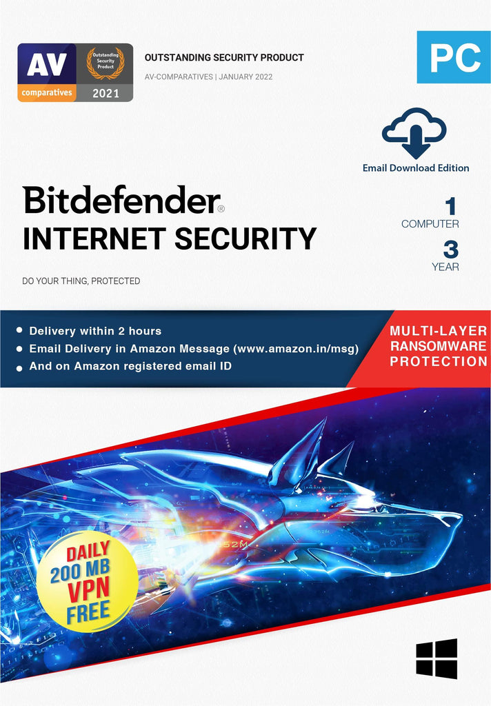 Bitdefender - 1 Computer,3 Years - Internet Security | Windows | Latest Version | Email Delivery in 2 Hours- No CD |