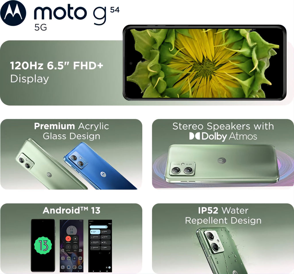 Motorola G54 5G (Mint Green, 8GB RAM, 128GB Storage) | MediaTek Dimensity 7020 | 6000mAh Battery with 30W Turbocharging | 50 MP OIS Camera with UltraPixel Technology | IP52 Water-Repellent Design - Triveni World