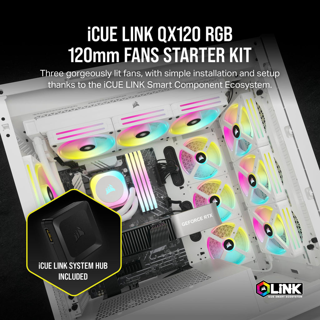 CORSAIR QX RGB Series, iCUE Link QX120 RGB White, 120mm Magnetic Dome RGB Fan, Starter Kit