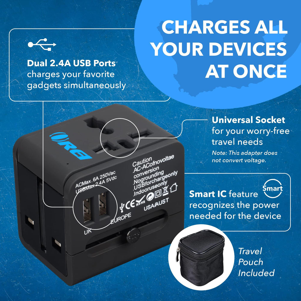 Orei Universal Travel Adapter with 2 USB Ports, 3 in 1 Universal Charger, International Travel Adapter for Cell Phones, Tablets, Camera, for Travelers to US, Europe, UK & More