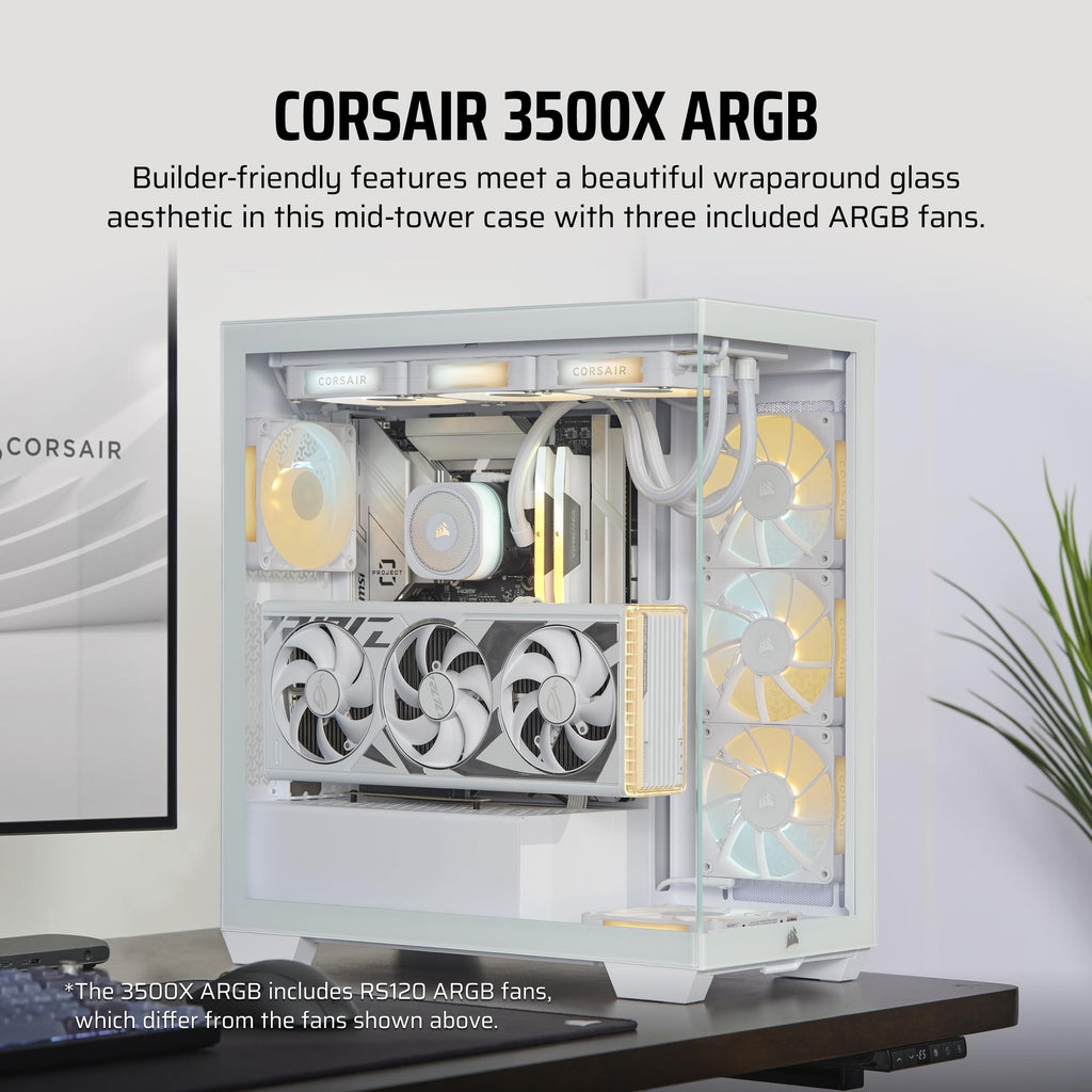 CORSAIR 3500X ARGB Mid-Tower ATX Dual Chamber PC Case – Panoramic Tempered Glass – Reverse Connection Motherboard Compatible – 3X CORSAIR RS120 ARGB Fans Included – White