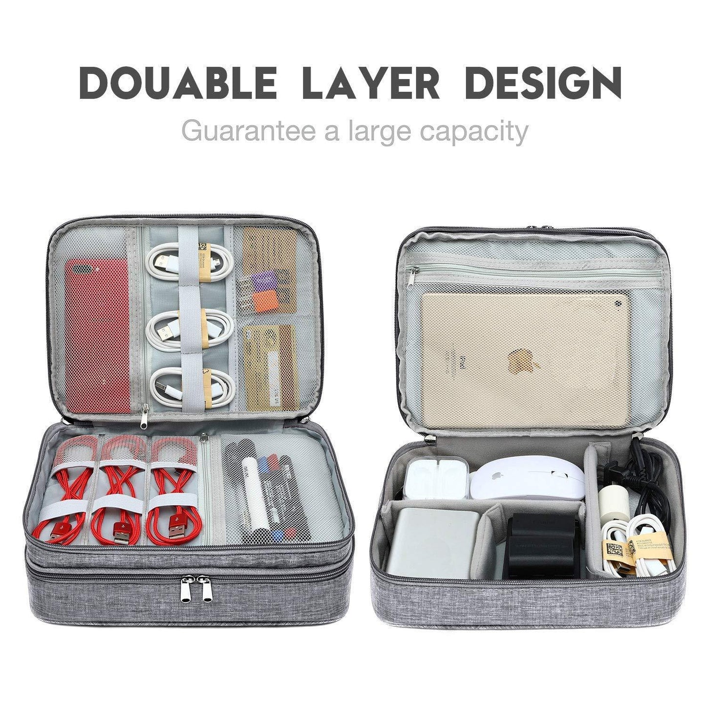 SoloTravel Portable Zippered Double Layer Electronics & Gadget Accessory Travel Storage Organizer Bag for USB Cables, Charger, HDD, Power Bank - Grey, Polyester ; Fabric