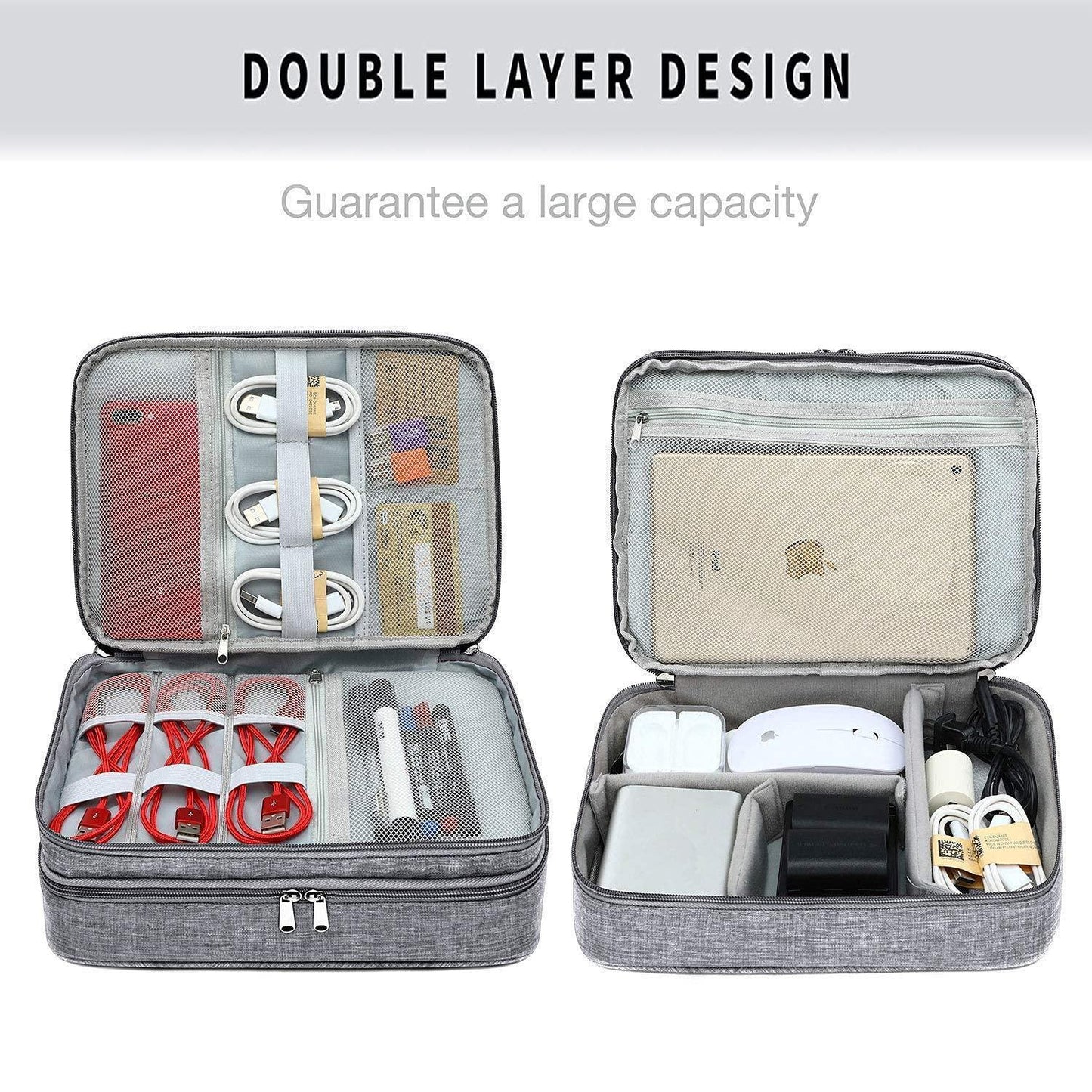 Seagull Flight of Fashion Double Layer Electronic Gadget Organizer Case, Cable Organizer Bag for Accessories with Mobile Stand - 27 X 20 X 9 Cm - Grey - Model 1