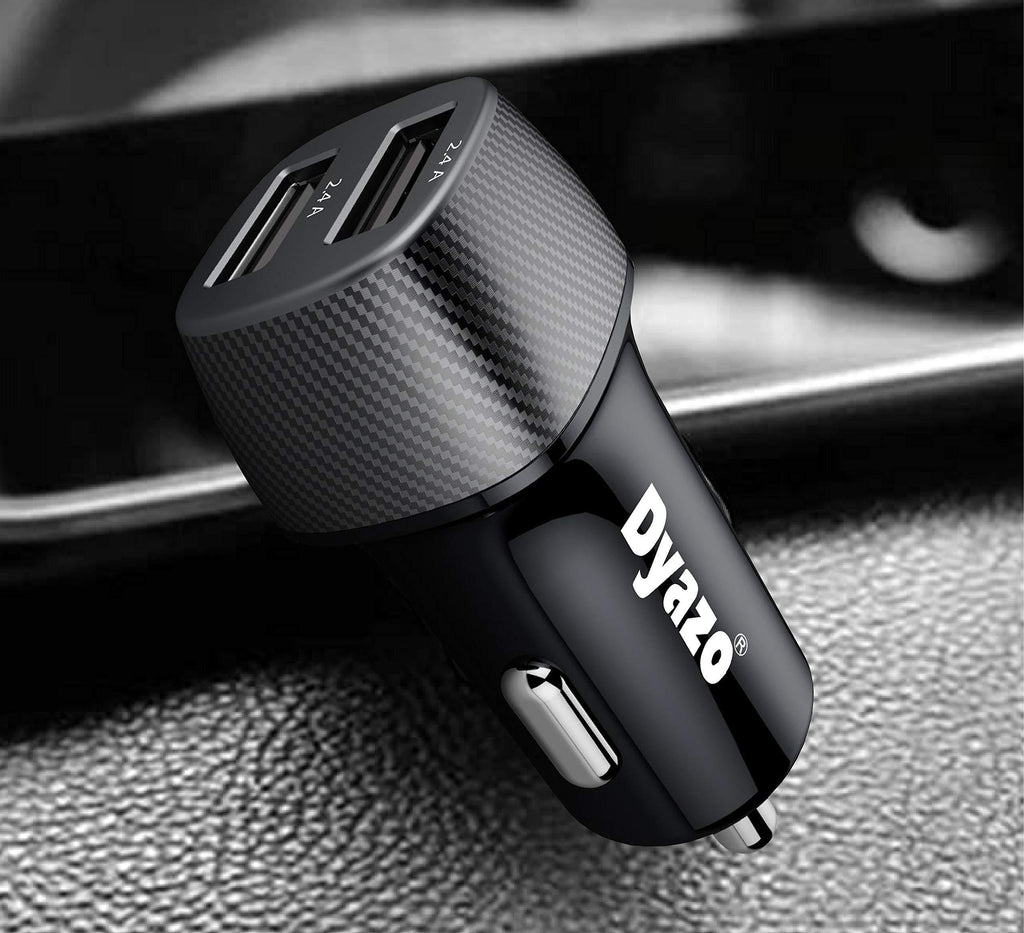 Dyazo 4.8 Amp (2.4 & 2.4 Amp) Dual Port Fast USB Car Charger Compatible W/iPhone Xr/Xs/Max/X/8/7/Plus,Ipad Pro/Air 2/Mini,Galaxy,Lg,HTC & All Other Cellular Phones W/Free 3In1 Cable-Carbon Black