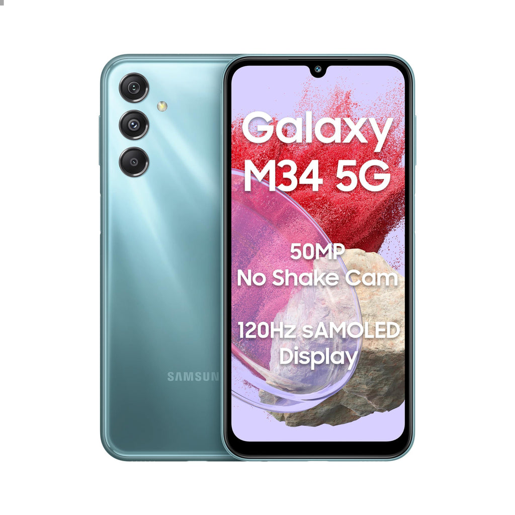 Samsung Galaxy M34 5G (Waterfall Blue,8GB,256GB)|120Hz sAMOLED Display|50MP Triple No Shake Cam|6000 mAh Battery|4 Gen OS Upgrade & 5 Year Security Update|16GB RAM with RAM+|Android 13|Without Charger - Triveni World