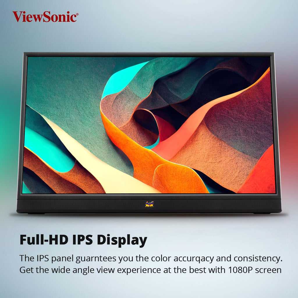 ViewSonic 16 Inch Full HD Portable Monitor 1920x1080 IPS Panel, 60Hz, USB Type-C One Cable Solution 60W Charge Back, Speaker, Eye Care, Foldable Stand, Sleeve Case 2 x USB-C 3.2, 1 x Mini HDMI -VA1655