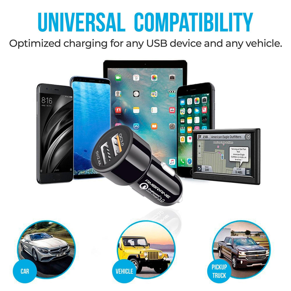 Ambrane 30W Fast Car Charger with Dual Output, Qualcomm Quick Charge 3.0 Compatible with all Cars for iPhone, All Smartphones, Tablets & More, Multi-Layers Protection (ACC11QC, Black)