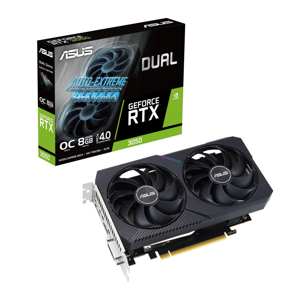 ASUS Dual GeForce RTX™ 3050 V2 OC Edition 8GB GDDR6 Graphics Card with Two Powerful Axial-tech Fans for AAA Gaming Performance and ray tracing.