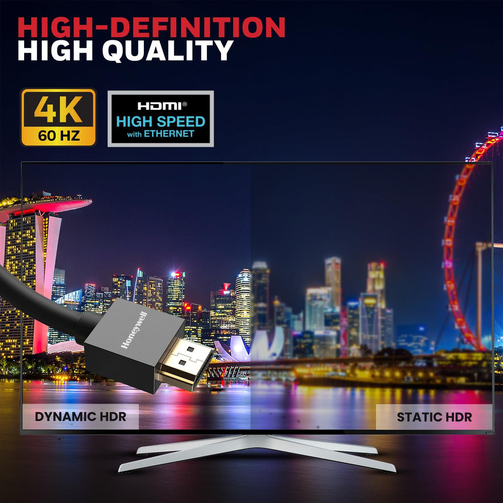 Honeywell HDMI Cable v2.0 with Ethernet, 3D/4K@60Hz Ultra HD Resolution, 5 Mtr, 18 GBPS Transmission Speed, High Speed, Compatible with all HDMI Devices Laptop Desktop TV Set-top Box Gaming Console