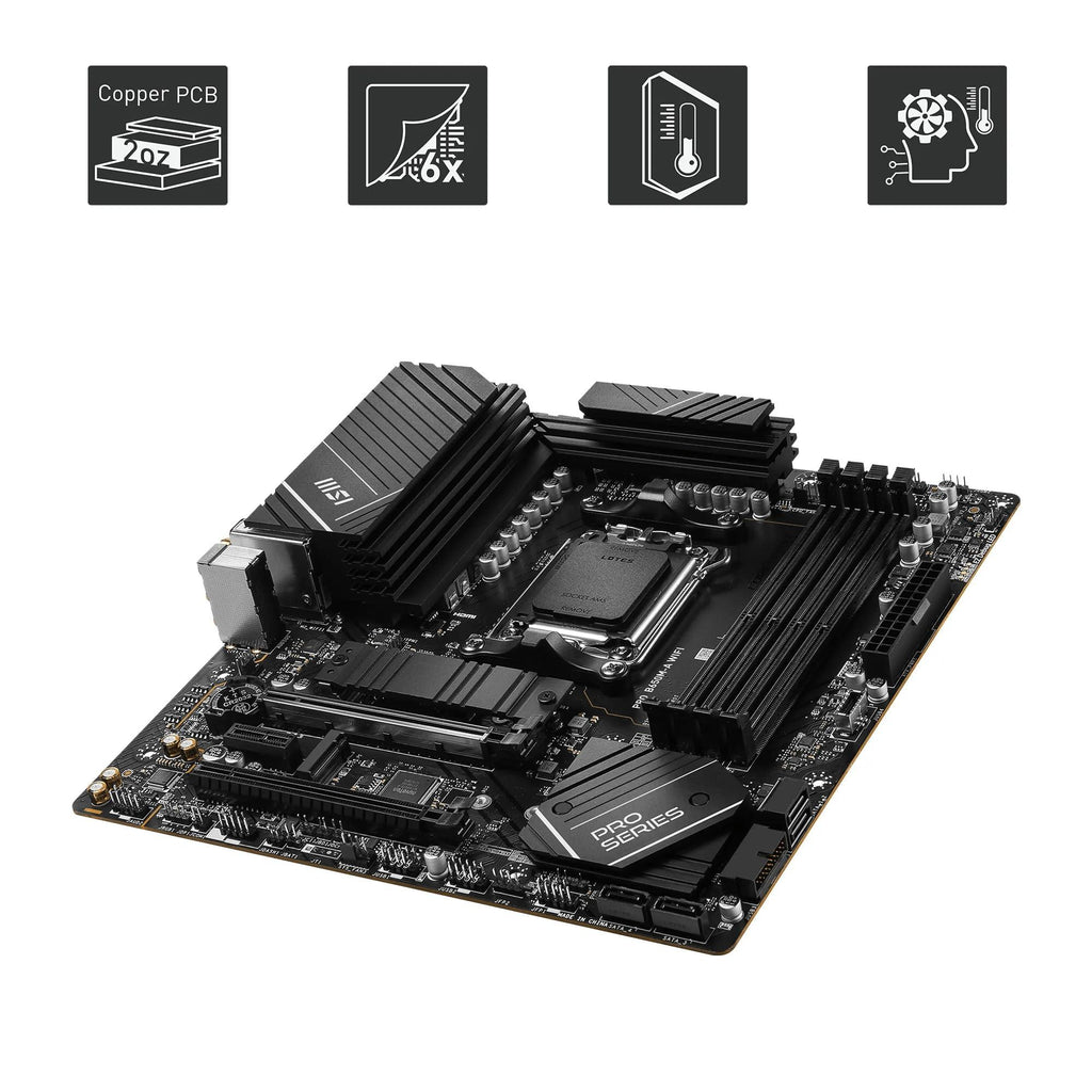 MSI PRO B650M-A WiFi Motherboard | Micro-ATX -Supports AMD Ryzen 7000 Series Processors | AM5-DDR5 Memory Boost 6400+MHz/OC | 2 x PCIe 4.0 x16, 2 x M.2 Gen4 | 4x EZ Debug LED | 7.1 HD Audio | Wi-Fi 6E