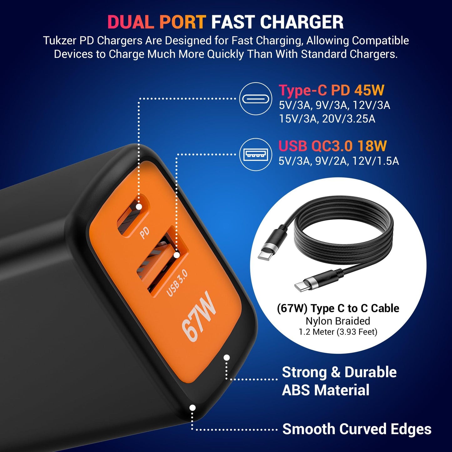 Tukzer 67W Dual Port GaN3 Ultra Fast Charger (Type C PD3.0 & USB QC3.0/ 5V~3A) + USB Type C to C Cable| Compatible with MacBook/Laptops/All iPhone/iPad/Android Phones (Black)