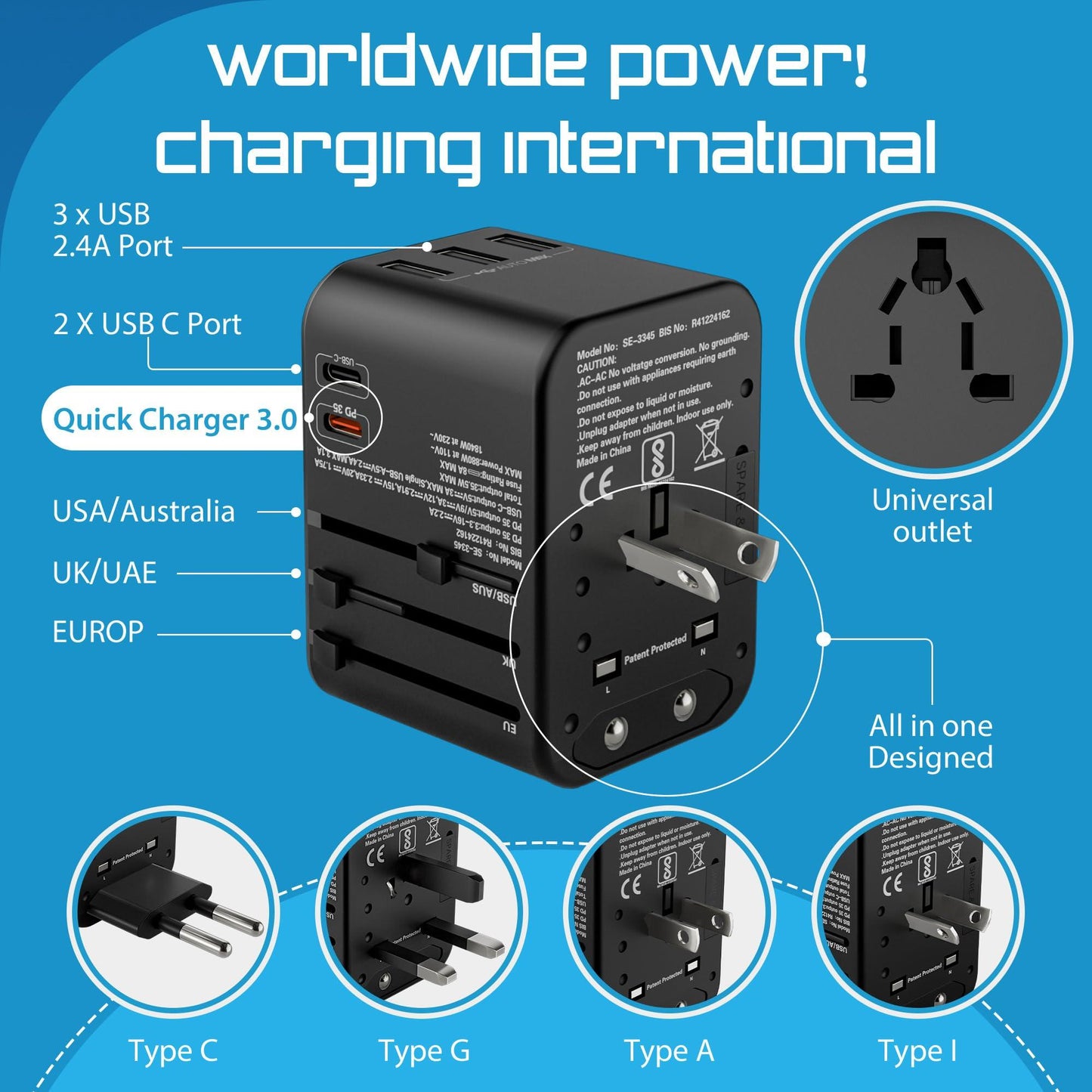 SeCro Universal Travel Adapter, Fast Charging (35.5W) Upgraded All-in-One International Travel Adapter with Pd & QC 3.0 Dual USB-C Power - 3 USB Ports, Worldwide Wall Charger for USA EU UK AUS