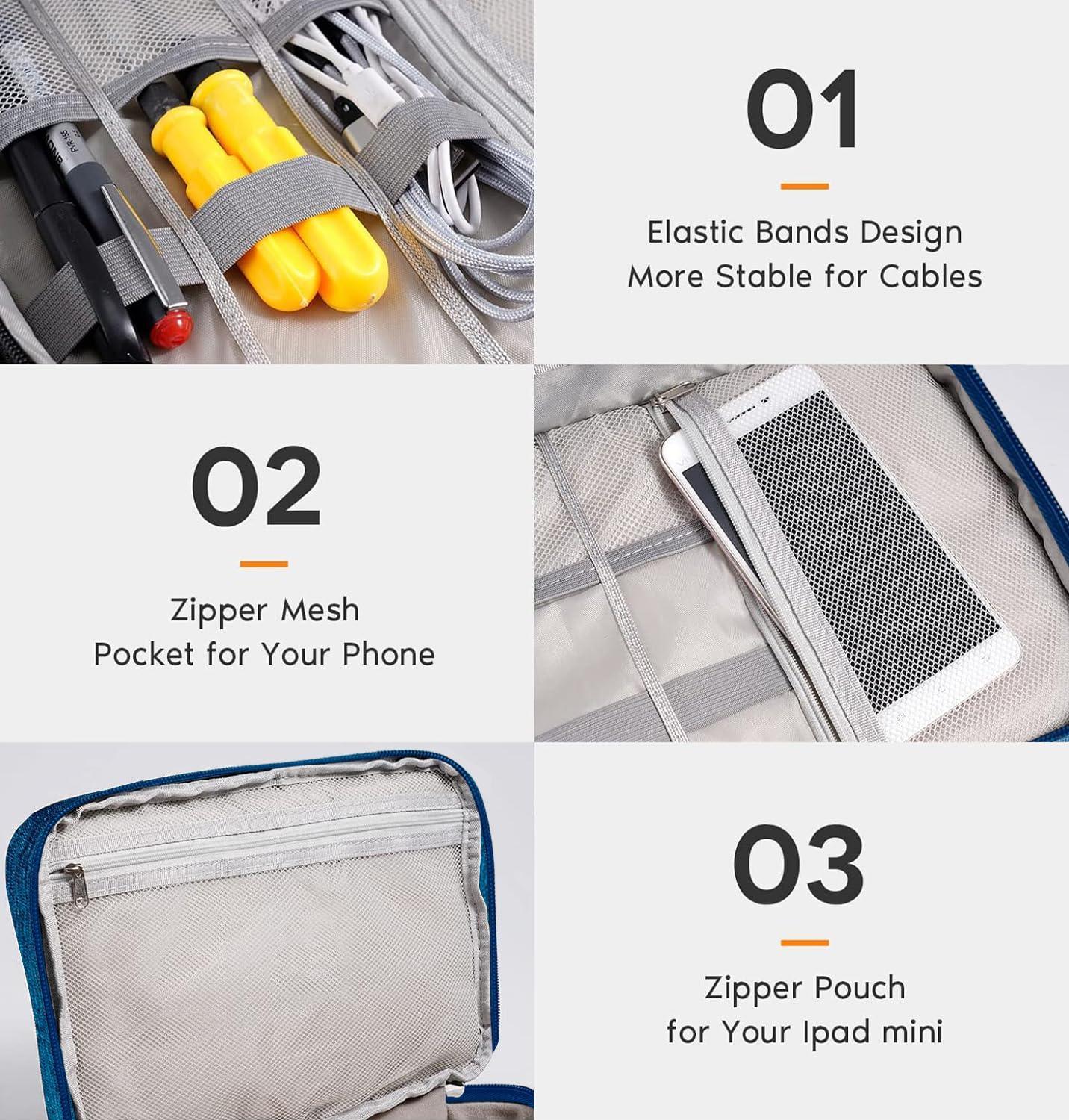 Yellow Weaves 3 Layer Electronics Accessories Organizer Bag, Cable Organizer Bag, Travel Pouch For Charger, Usb Cord, Data Cable, Sd Cards, Earphone, Power Bank, Navy Blue, 25X18X10Cm - Canvas