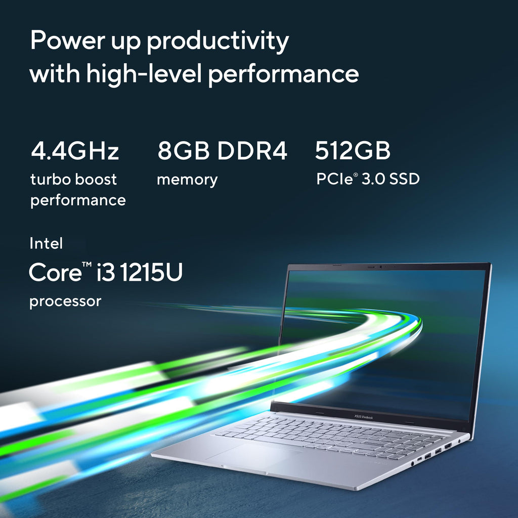 ASUS VivoBook 15 (2022), Intel®Core i3-1215U 12th Gen, 15.6" (39.62 cm) FHD, Thin and Light Laptop (8GB/512 SSD//Windows 11/Office 2021//Backlit KB/Icelight Silver/1.7 kg), X1502ZA-EJ322WS