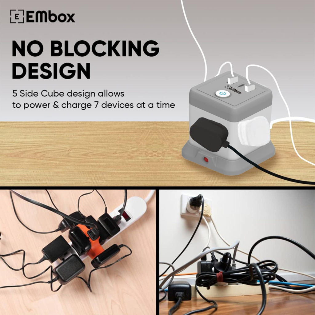 EMBOX Cube Extension Board with USB Port with Universal Sockets and USB (2.4 A) (QC 3.0) with Overload Protector, Indicator, 1.8 mtr Extension Cord, Safety Shutter-Multi Plug Socket