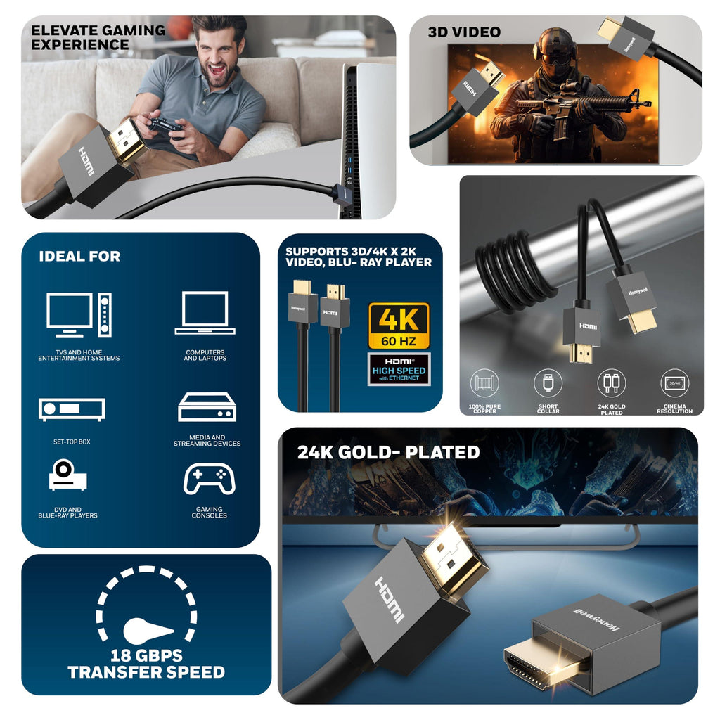 Honeywell HDMI Cable v2.0 with Ethernet, 3D/4K@60Hz Ultra HD Resolution, 5 Mtr, 18 GBPS Transmission Speed, High Speed, Compatible with all HDMI Devices Laptop Desktop TV Set-top Box Gaming Console