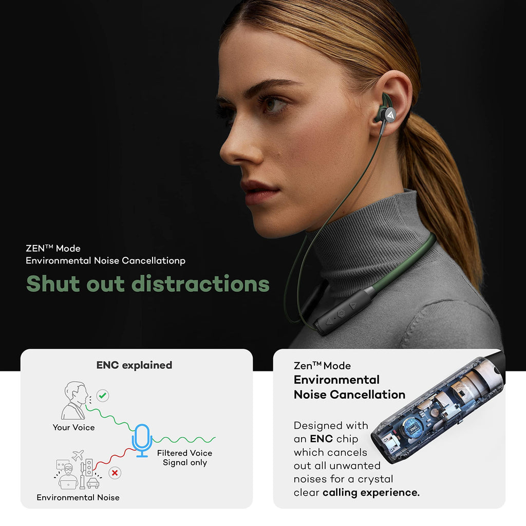 Boult Audio FXCharge Bluetooth Earphones with 32H Playtime, Dual Pairing Neckband, Zen™ ENC Mic, Type-C Fast Charging (5Mins=7.5Hrs), Biggest 14.2mm Bass Driver IPX5 Premium Silicone Neck band (Green) - Triveni World