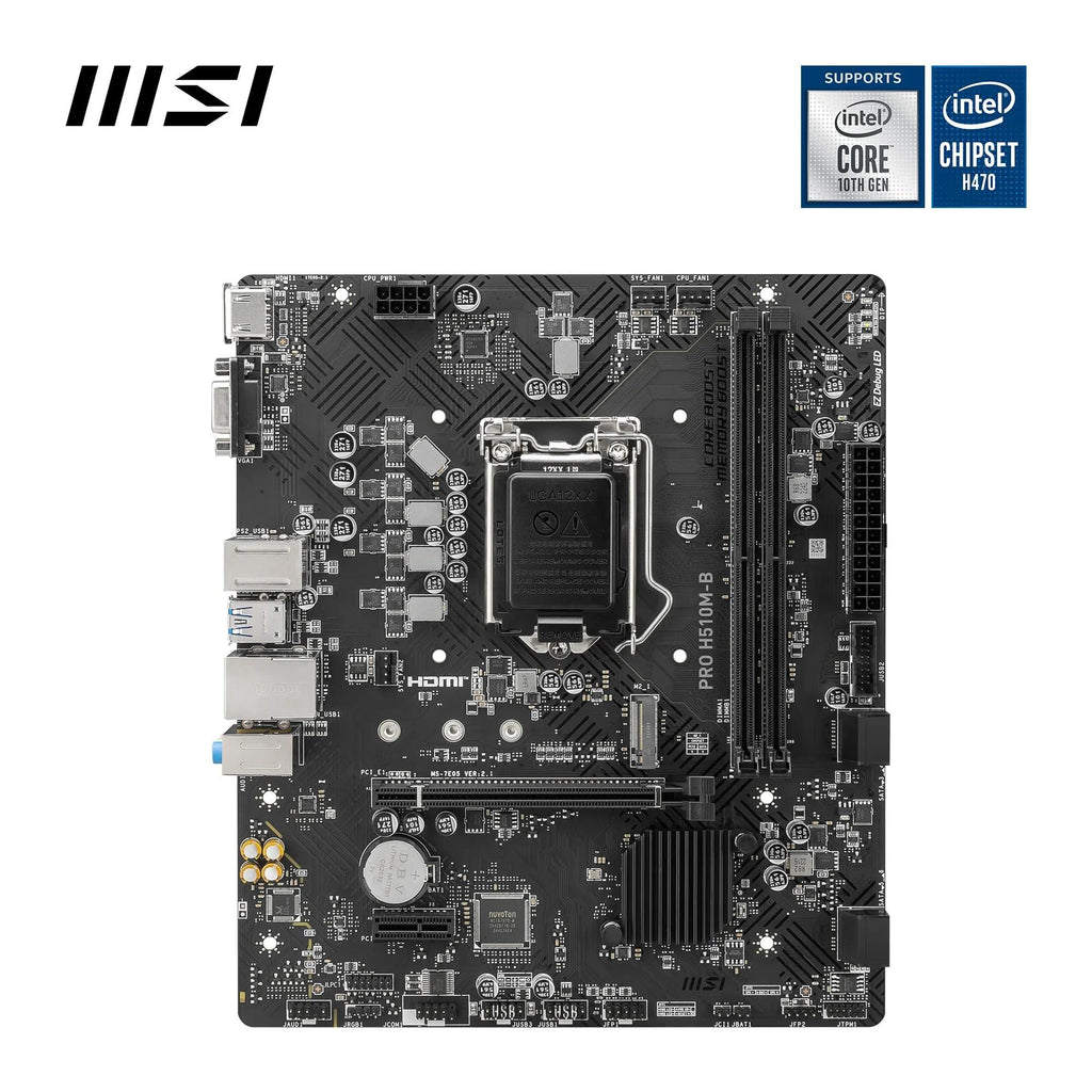 MSI PRO H510M-B Motherboard, Micro-ATX - Supports Intel Core 10th Gen Processors, LGA 1200-2 x DIMMs, 1 x PCIe 3.0 x16, USB 3.2 Gen1, 1G LAN, HDMI 1.4