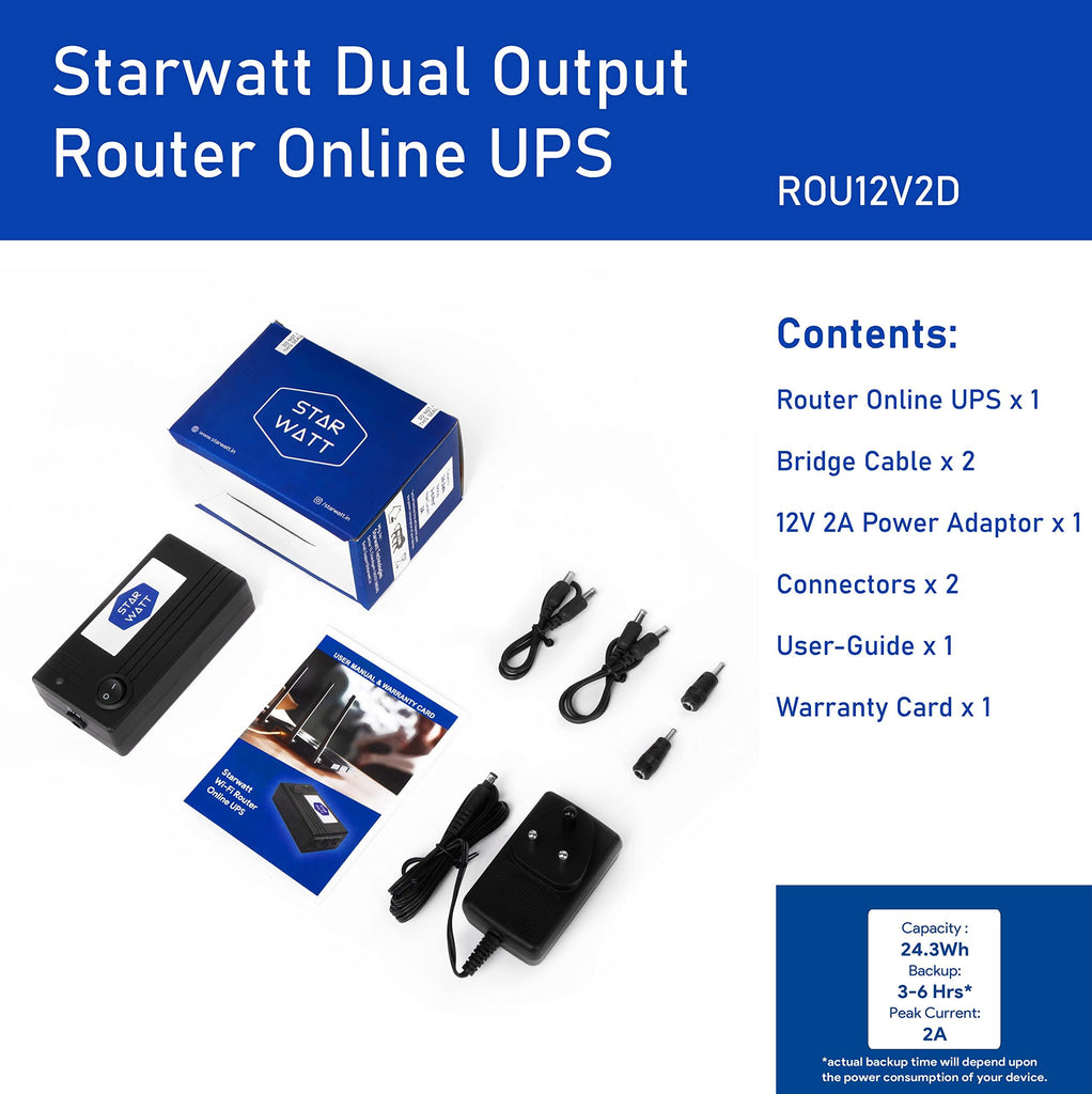 Starwatt Mini UPS for 2 Routers | Dual Output 12V ≤ 1A + 12V ≤ 1A or (One Output 12V ≤ 2A) | Uninterrupted Power Backup for All Brand Wi-Fi Router + ONU/Modem + Router Setup | 3-6 Hours Backup