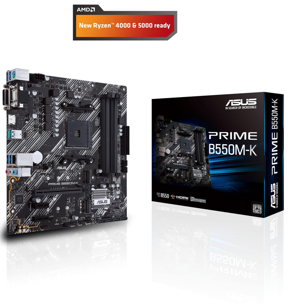 ASUS Prime B550M-K (AMD AM4 Socket for AMD Ryzen 5000/5000 G/ 4000 G/ 3000) DDR4 Micro ATX Motherboard with Dual M.2 PCIe 4.0 1Gb Ethernet HDMI/D-Sub/DVI SATA 6Gbps USB 3.2 Gen2 Type-A, Black