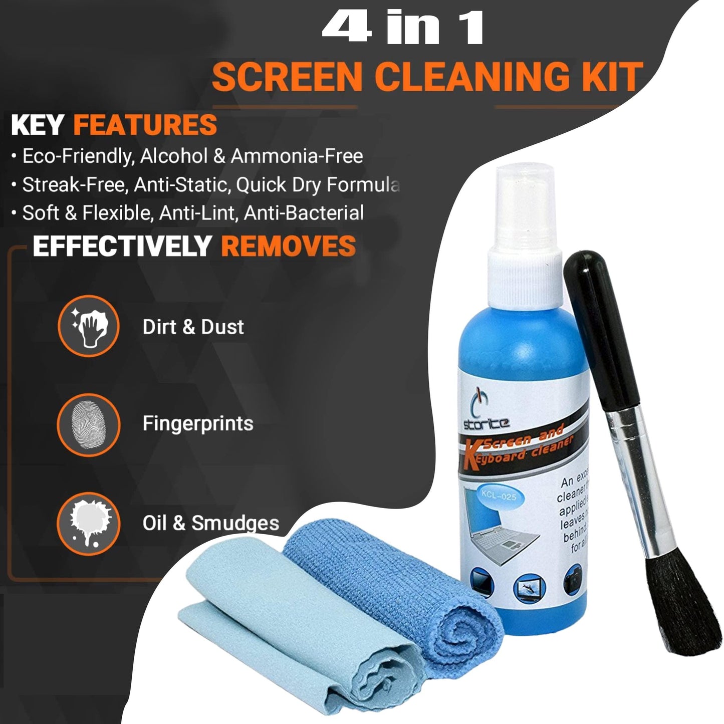 Storite 4 in 1 Professional Screen Cleaning Kit (100ML) for Laptops, Mobiles, LCD, LED, Computers, TV KCL-1025 (Includes Cleaning Solution, Cleaning Brush and 2 Microfiber Cloth)