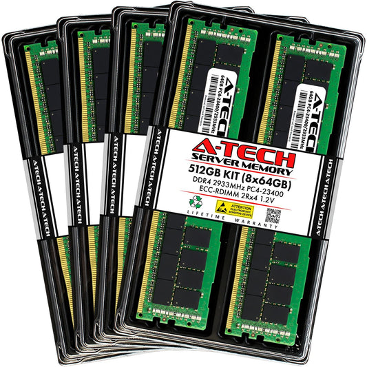 A-Tech 512GB Kit (8x64GB) DDR4 2933MHz PC4-23400 ECC RDIMM 2Rx4 1.2V Dual Rank ECC Registered DIMM 288-Pin Server & Workstation RAM Memory Upgrade Modules (A-Tech Enterprise Series)