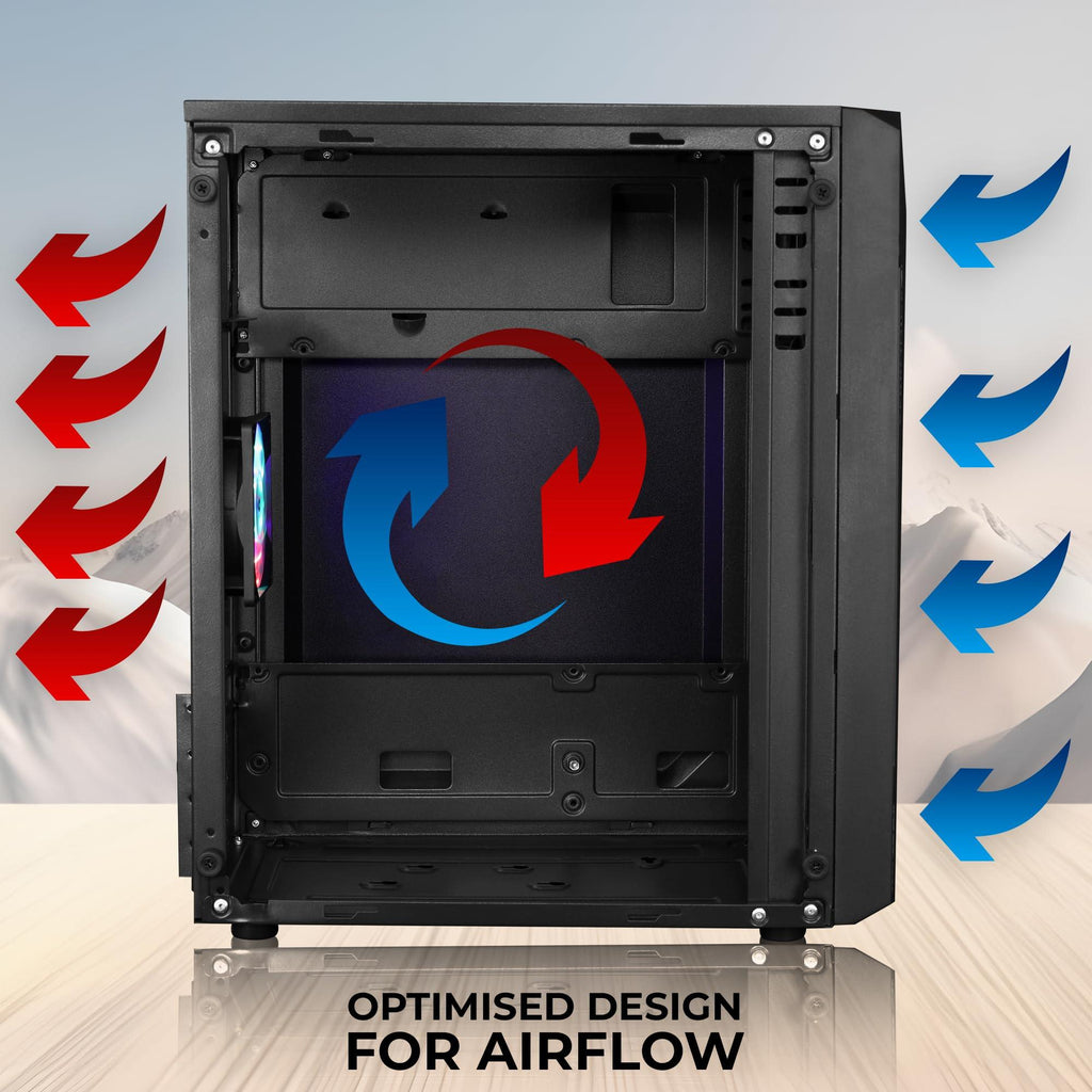 ZEBRONICS ZIUM Mid-Tower Gaming Cabinet, M-ATX/M-Itx, Fins Focussed Multicolor Rear Fan, Multi Color Led Strip, Acrylic Glass Side Panel, USB 3.0, USB 2.0