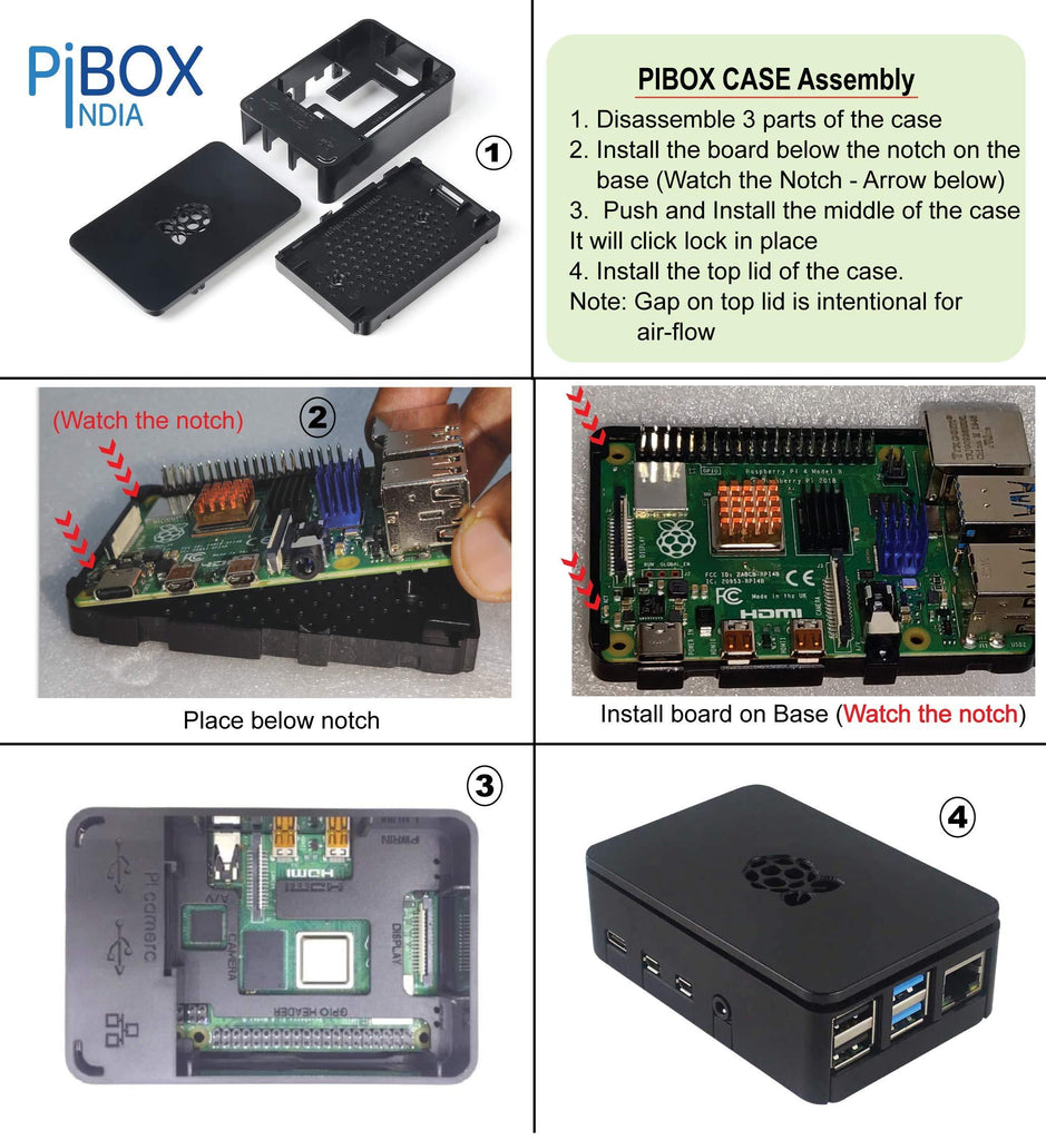 PiBOX India for Raspberry Pi 4 Case 1Gb, 2GB, 4GB, 8GB Black, Raspberry Pi 4 Case with air vents, with logo top screwless modular design, ports access Raspberry Pi 4 Model B, Pi 4B, Pi 4,Camera and Ports ABS (Black)