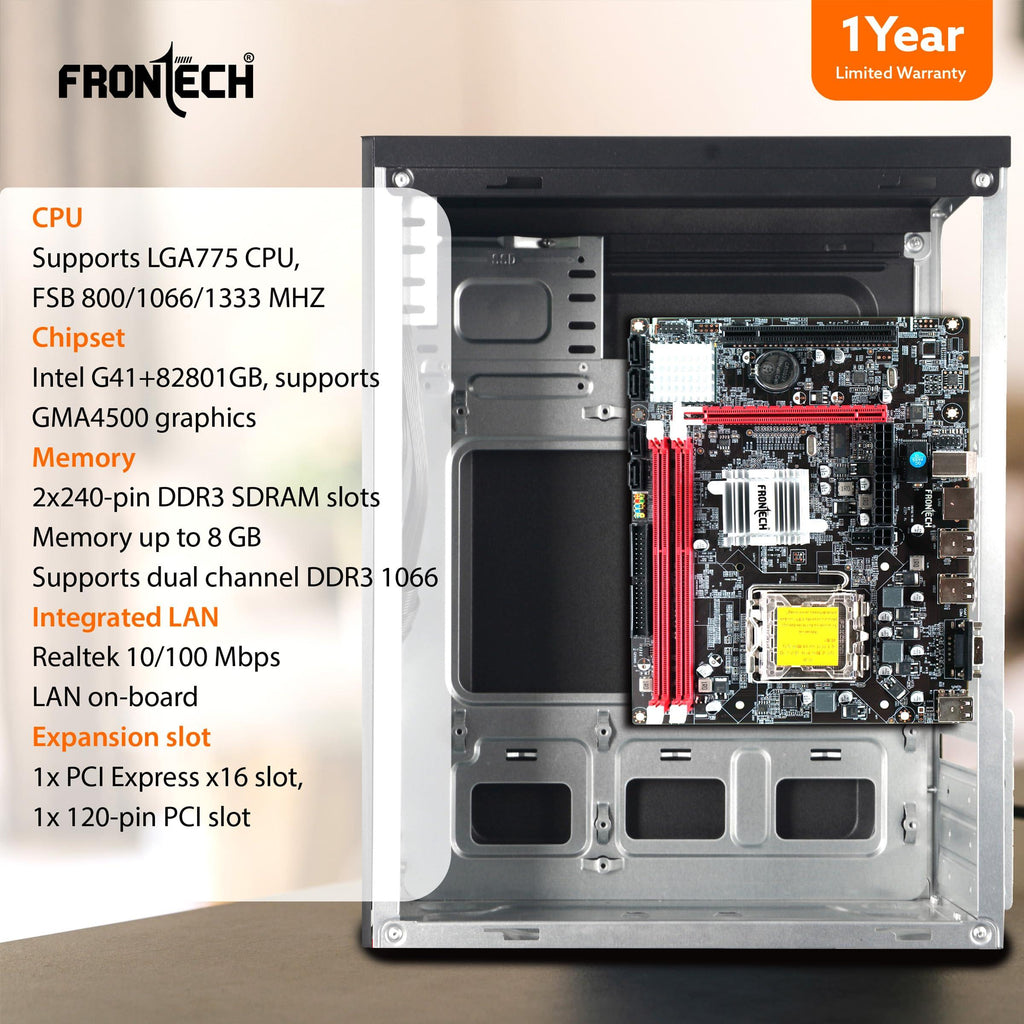 FRONTECH G41 Chipset Motherboard with 2xDDR3 RAM Slots LGA775 Supports Core 2 Quad/Core 2 Extreme/Duo/Pentium/Celeron Processors|6+2 USB Ports|PCIe 16x|4xSATA Slots |1xHDMI, 1xVGA (FT-0464)