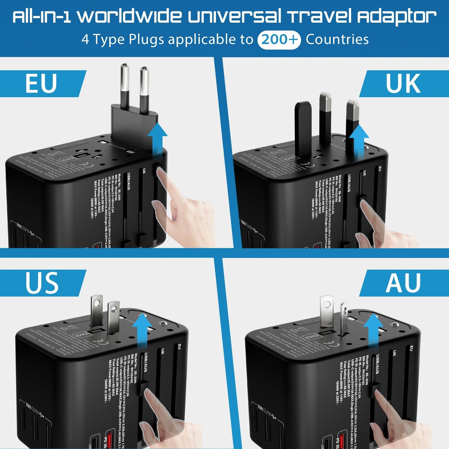 SeCro Universal Travel Adapter, Fast Charging (35.5W) Upgraded All-in-One International Travel Adapter with Pd & QC 3.0 Dual USB-C Power - 3 USB Ports, Worldwide Wall Charger for USA EU UK AUS