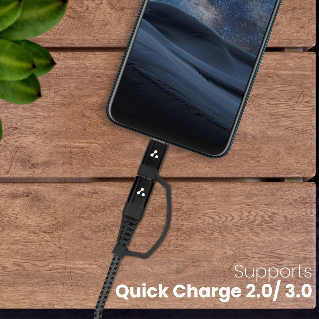 Ambrane 2 in 1 Type-C & Micro USB Cable with 3A Fast Charging Mobile Cable, 480 mbps Data Sync, Quick Charge 3.0, 1m Braided Cable, Compatible with All Type-C & Micro USB Devices (ABDC-10, Black)