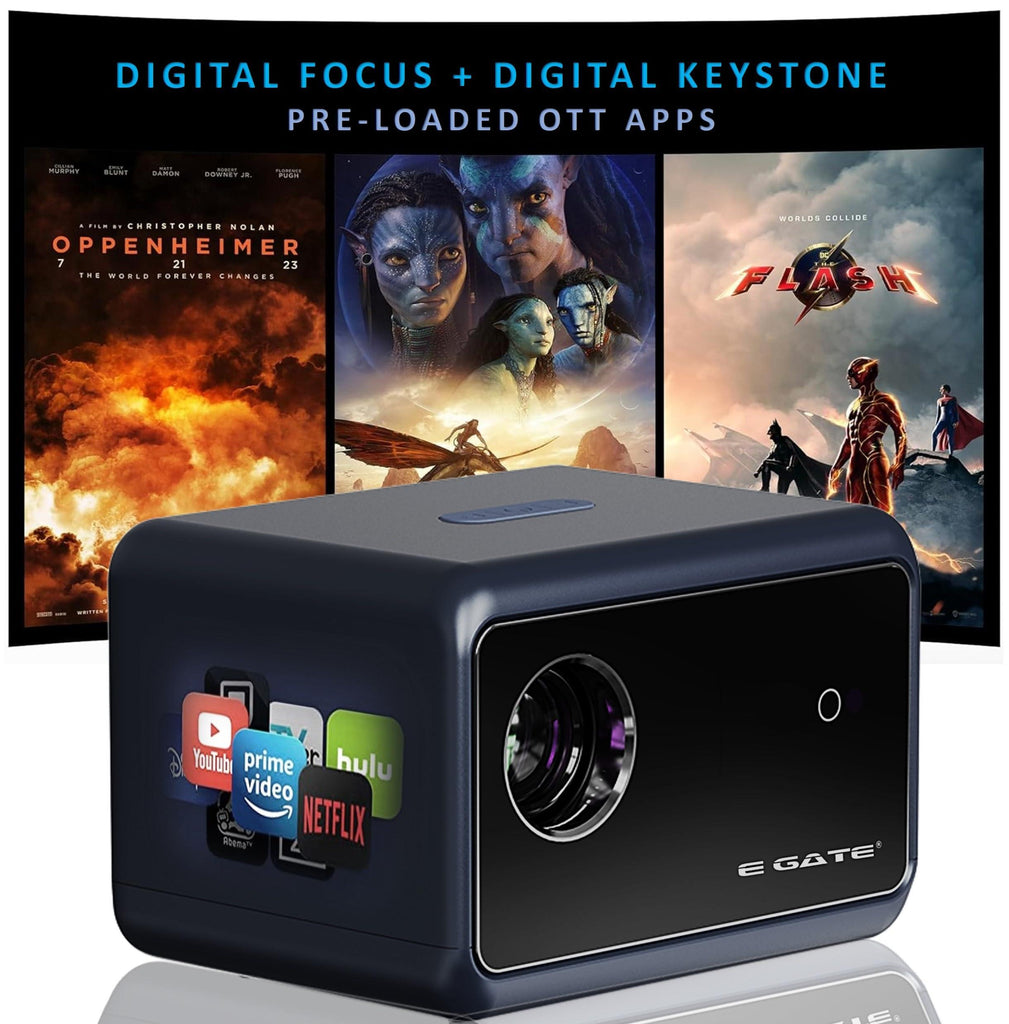 E Gate New i9 Pro Smart Projector, 6900 LED Lumens 2X Brightness, 1080p & 4K Support, Digital Focus & Digital Keystone, Bluetooth, ARC HDMI, USB, AV, WiFi, 720 Native, PreLoaded Apps, ScreenCast