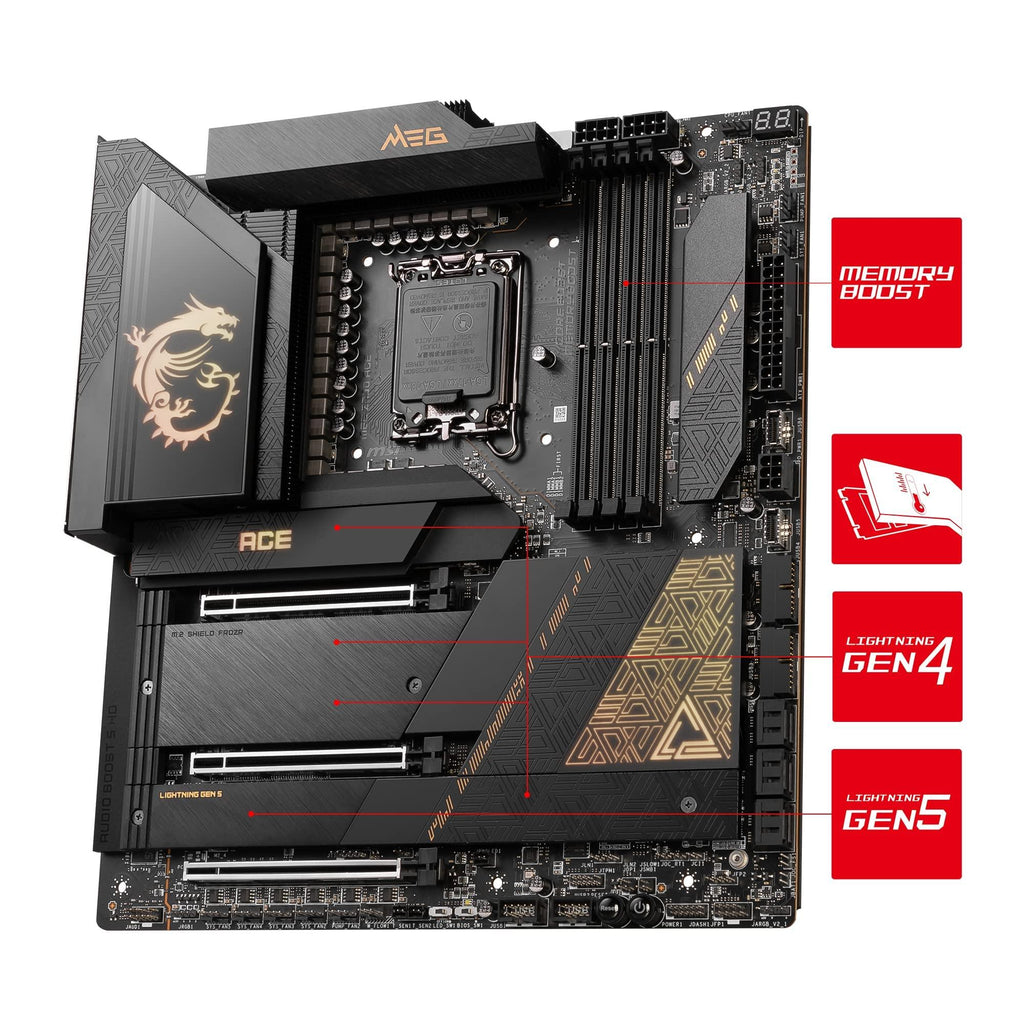 MSI MEG Z790 ACE Motherboard, E-ATX - Supports Intel 14th/13th/12th Gen Core Processors, LGA 1700-105A SPS VRM, DDR5 7800+MHz/OC, PCIe 5.0 & 4.0 x16, M.2 Gen5, Dual 2.5G LAN, Wi-Fi 6E, Thunderbolt 4