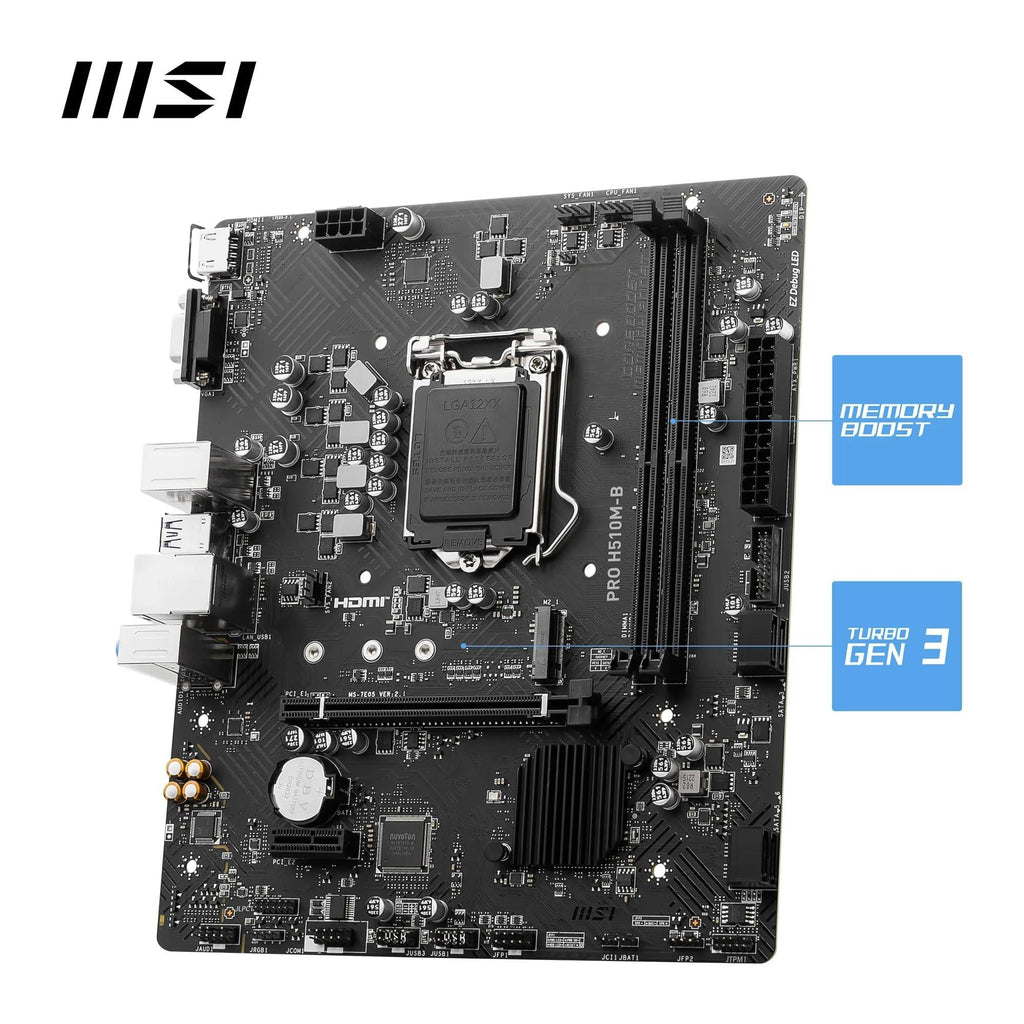 MSI PRO H510M-B Motherboard, Micro-ATX - Supports Intel Core 10th Gen Processors, LGA 1200-2 x DIMMs, 1 x PCIe 3.0 x16, USB 3.2 Gen1, 1G LAN, HDMI 1.4