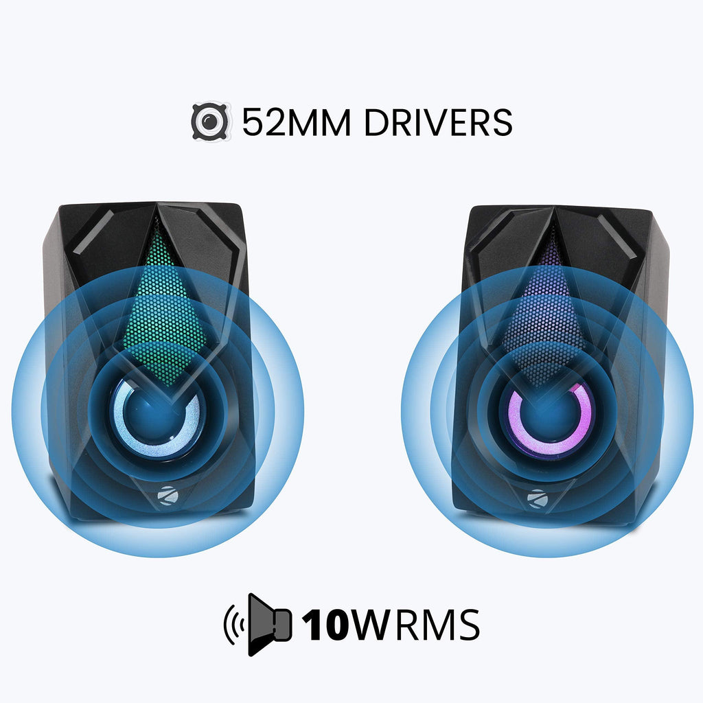 ZEBRONICS Zeb-Warrior II 10 watts 2.0 Multimedia Speaker with RGB Lights, USB Powered, AUX Input, Volume Control Pod for PC, Laptops, Desktop