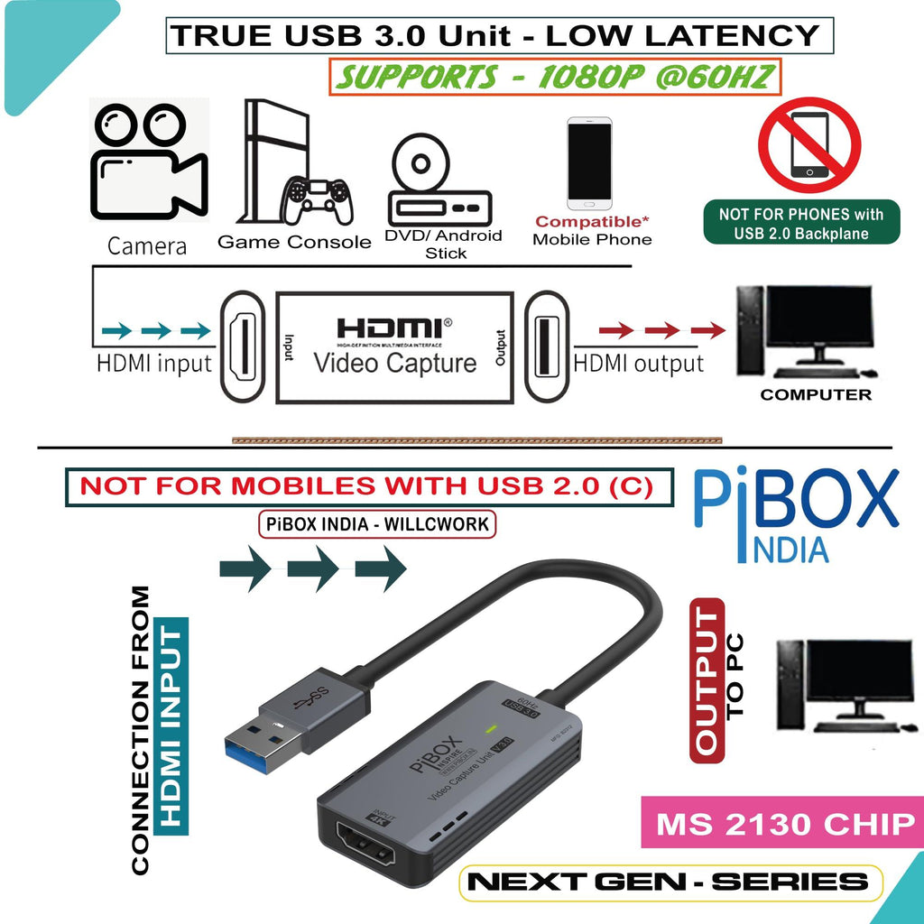 Upgraded Video Capture Card Cable GEN 3 60 FPS, PiBOX INDIA 4K HDMI to USB 3.0 MJPEG YUV Game Capture Device Aluminium Windows Android Mac,HD 1080P 60fps Video Live Streaming Gaming, Teaching - 2024