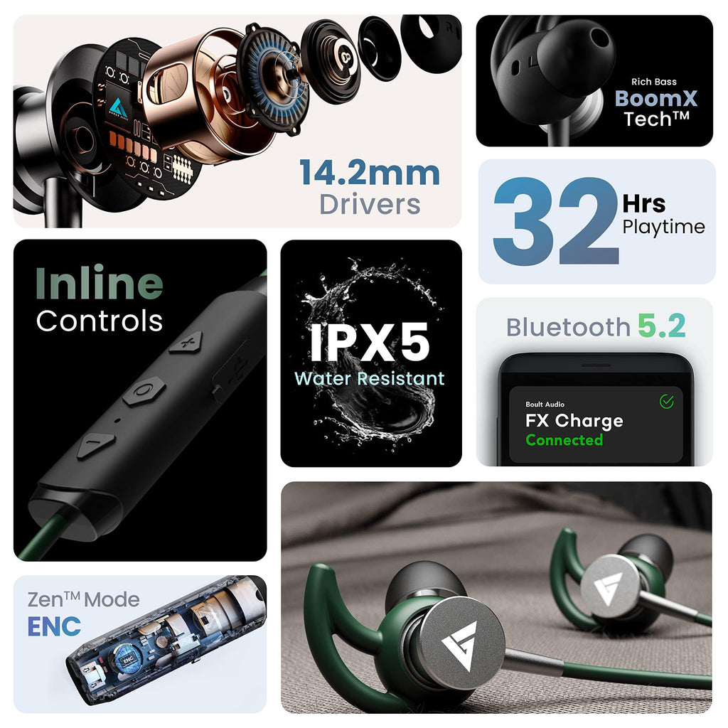 Boult Audio FXCharge Bluetooth Earphones with 32H Playtime, Dual Pairing Neckband, Zen™ ENC Mic, Type-C Fast Charging (5Mins=7.5Hrs), Biggest 14.2mm Bass Driver IPX5 Premium Silicone Neck band (Green) - Triveni World