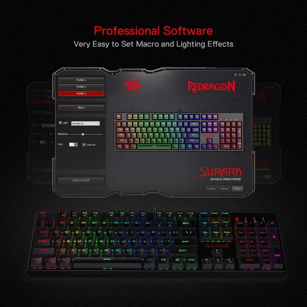 Redragon SU-RARA K582 RGB LED Backlit Mechanical Gaming Wired Keyboard with 104 Keys-Linear and Quiet-Red Switch, Black